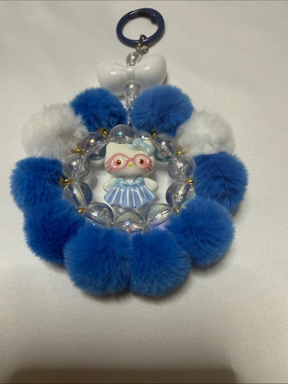 Blue Pom-Pom Keychain with Cute Character